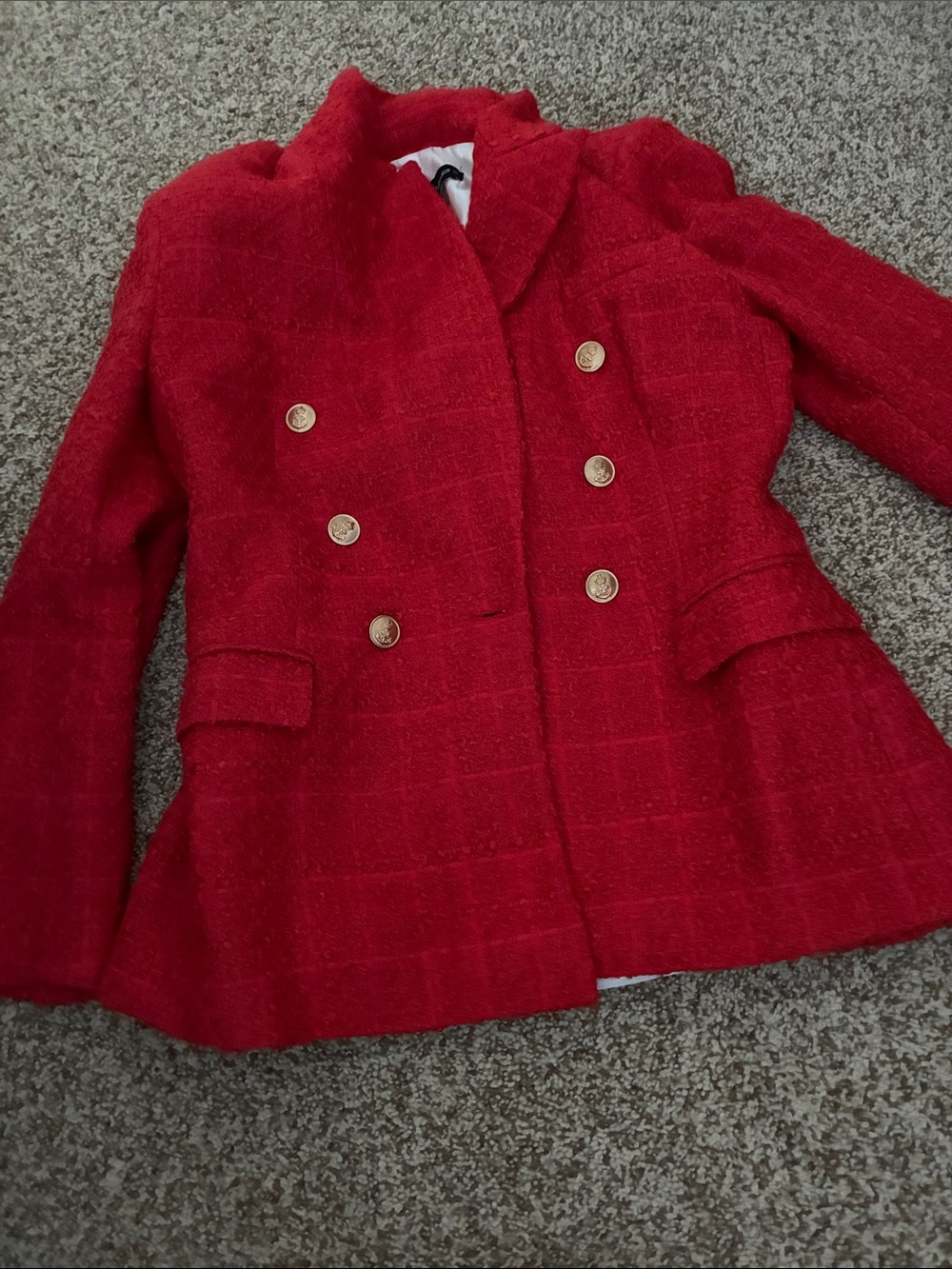 Zara Red Double-Breasted Tweed Blazer with Gold Buttons